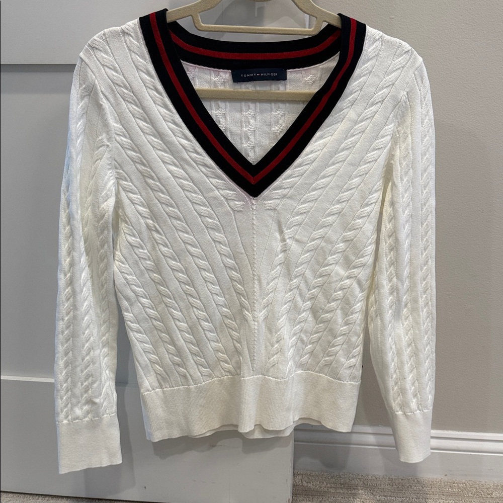 Tommy Hilfiger Cream V-Neck Sweater with Navy and Red Trim